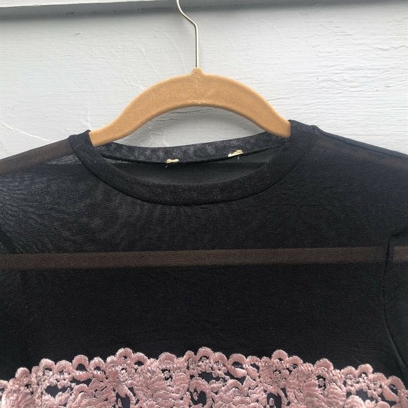 Vintage Black Sheer Mesh Camisole Wide Pink Lace Band Under Layer Garment - Picture 2 of 6